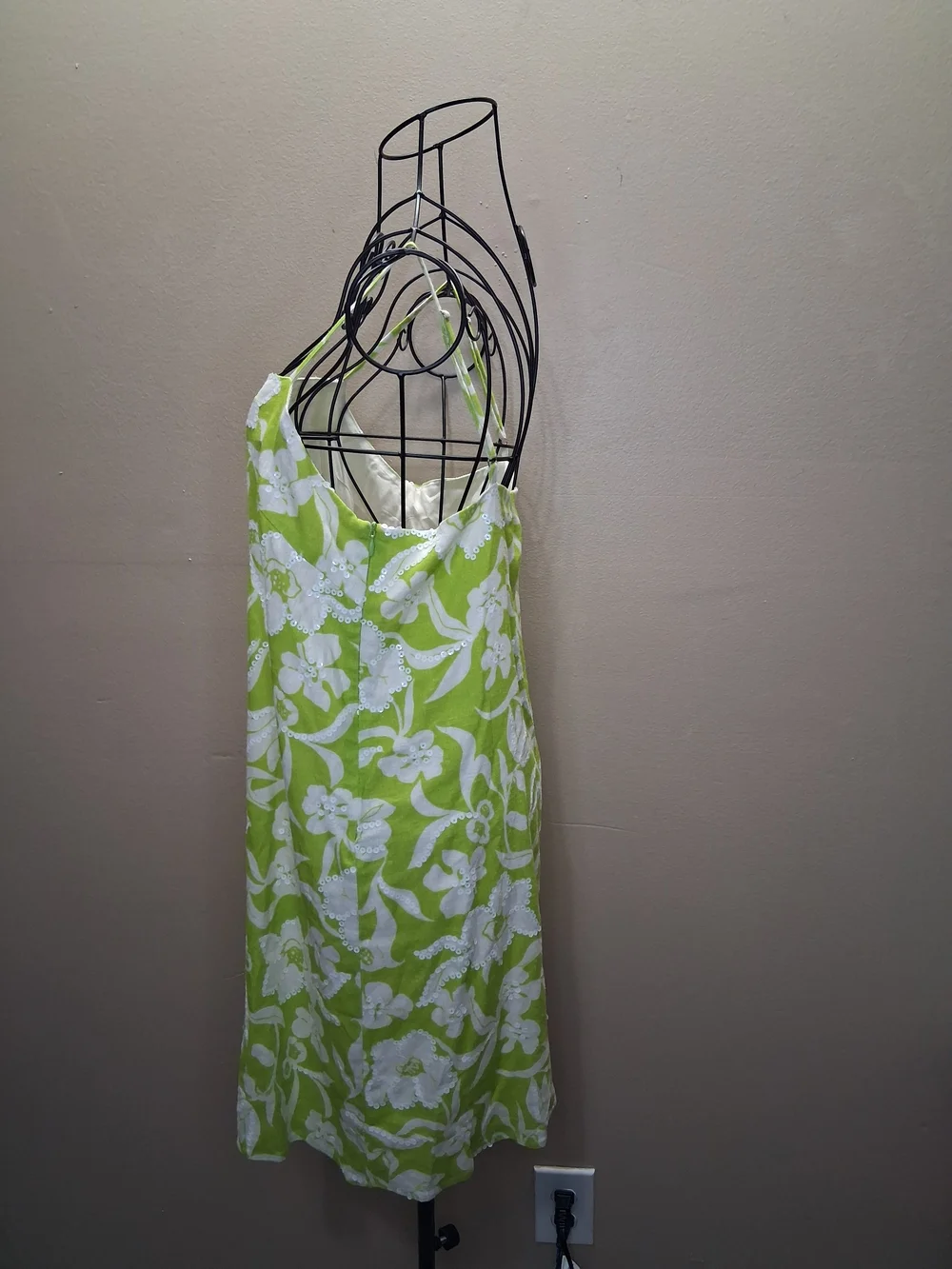 Flora Bea Floral Green Linen & Cotton Dress with Sequins NWT